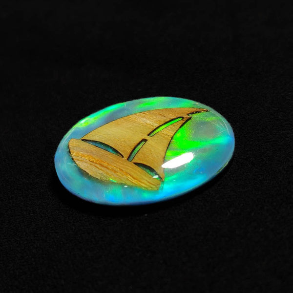 Handcraved Wooden Boat Inlay In Crystal And Aurora Opal Doublet