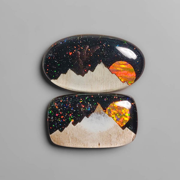 Handcraved Wooden Hill Inlay In Crystal And Aurora Opal Doublets