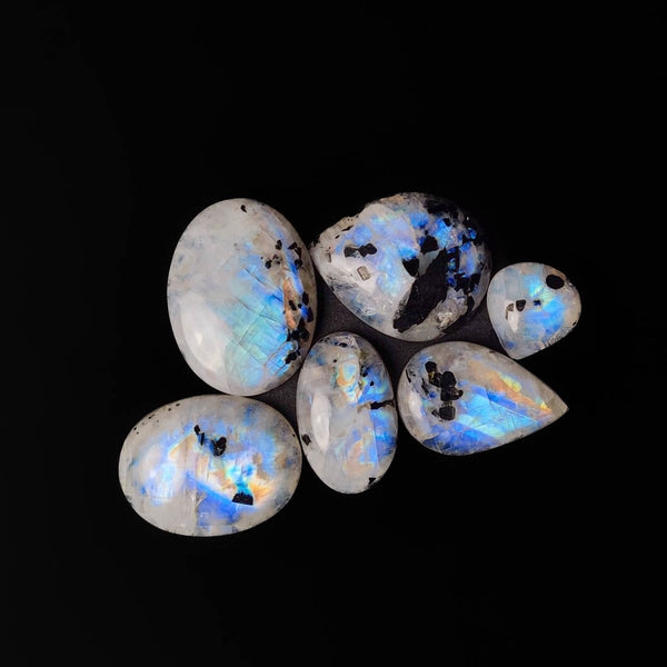 Rainbow Moonstone with Black Tourmaline Inclusion Cabs Lot 2226